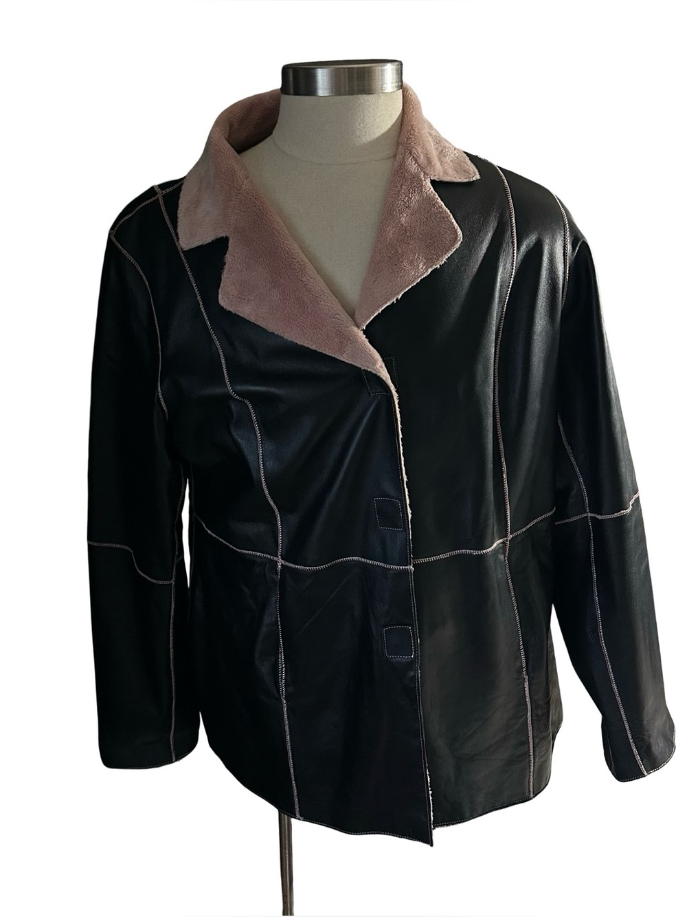 Vtg Venezia Lane Bryant Black Leather Jacket Plush Faux Fur Lined Women Sz 18/20
